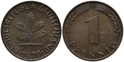 ФРГ 1 пфенниг 1970 D KM 105, J.380 сталь плакированная медью 99-314