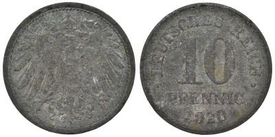 Германия 10 пфеннигов 1920 KM 26, J. 299, Weege 8 цинк 4119-333