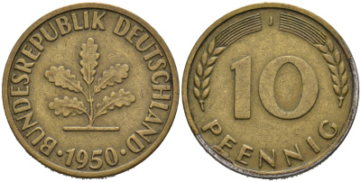 ФРГ 10 пфеннигов 1950 J KM 108, J.383 сталь плакированная латунью 4681-1117