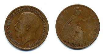Великобритания 1 пенни 1920 Георг V (1910-1936) КМ 810, Spink 4051 бронза 47-443