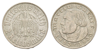 Германия 2 рейхсмарки 1933 D, 450 лет со дня рождения Мартина Лютера KM 79 серебро 1528-114