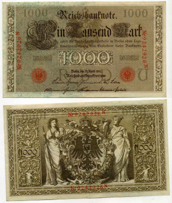 ГЕРМАНИЯ 1000 МАРОК 1910 КРАСНАЯ ПЕЧАТЬ, 7 ЦИФР В НОМЕРЕ Pick 44b бумага 8589-2-2-2