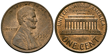 США 1 цент 1986 D, Линкольн KM 201b цинк плакированный медью 4136-266