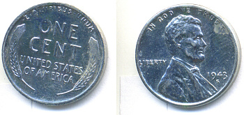 США 1 цент 1943 S (Сан-Франциско), Авраам Линкольн KM 132a сталь плакированная цинком 4392-727