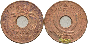 Британская Восточная Африка 5 центов 1943 Георг VI (1936-1952) KM 25.2 бронза 210-1135