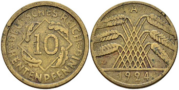 ГЕРМАНИЯ 10 РЕНТЕНПФЕННИГОВ 1924 А KM 33, J. 309 алюминиевая бронза 4401-351