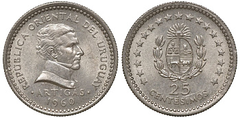 Уругвай 25 сентесимо 1960 KM 40 медно-никель 4169-942