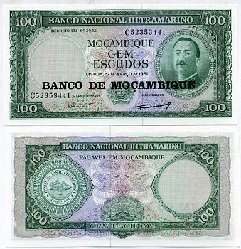 Мозамбик 100 эскудо 1961 (1976) надпечатка на 1961, Айрес де Орнелас  Pick 117 a бумага UNC (пресс) 7202-15-3