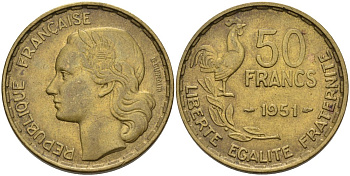 Франция 50 франков 1951 петух KM 918.1, Le Franc 425.5 алюминиевая бронза 79-441