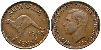 Австралия 1 пенни 1943 b, Георг VI (1936-1952), кенгуру, с буквой I KM 36 бронза 4557-1144