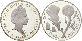 Новая Зеландия 1 доллар 1981 Королевский визит, английский дуб, Елизавета II (1952-2022) KM 50a серебро PROOF 1080-4-23