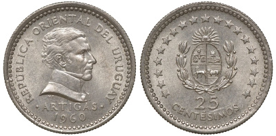 Уругвай 25 сентесимо 1960 KM 40 медно-никель 4169-942
