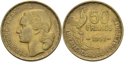 Франция 50 франков 1951 петух KM 918.1, Le Franc 425.5 алюминиевая бронза 79-441
