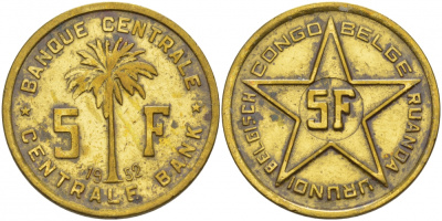 Бельгийское Конго 5 франков 1952 Руанда-Бурунди KM 1 латунь 4545-243