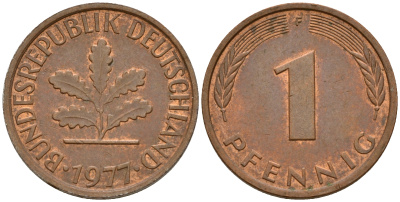 ФРГ 1 пфенниг 1977 D KM 105, J. 380 сталь плакированная медью    4598-554