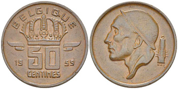 БЕЛЬГИЯ 50 САНТИМОВ 1959 BELGIQUE, БОДУЭН I (1951-1993) KM 148.1 бронза 214-448
