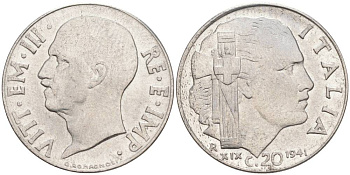 ИТАЛИЯ 20 ЧЕНТЕЗИМО 1941 R, ГОД XIX, ВИКТОР ЭММАНУИЛ III (1900-1946) KM 75b, VEM3. 1028 нержавеющая сталь 3853-742
