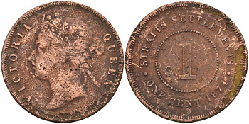 Стрейтс-Сетлментс 1 цент 1874 Виктория (1837-1901), Ост-Индская компания KM 9 медь 4590-335