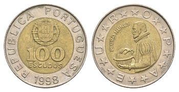 Португалия 100 эскудо 1998 Педру Нуниш (1502-1578), математик KM 645 биметалл 4391-411