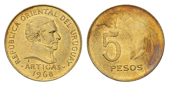 Уругвай 5 песо 1968 KM 50 никель латунь aUNC 4643-717