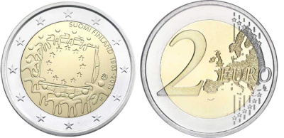 Финляндия 2 евро 2015 30 лет флагу Евросоюза KM 100 биметалл UNC M46-05