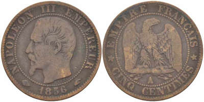 Франция 5 сантимов 1856 A, Наполеон III (1852-1870) KM 777.1, Le Franc 116.30 бронза 108-436