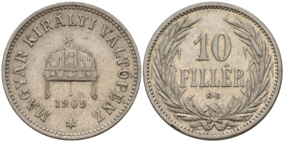 Венгрия 10 филлеров 1909 Франц Иосиф (1848-1916) KM 482 никель 4152-137