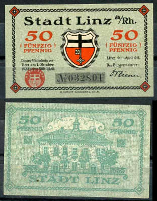 Германия, Линц-на-Рейне 50 пфеннигов 1919 нотгельд, 1.10.1923 Tieste 4140/65 бумага UNC (пресс) 8614-42-3-1