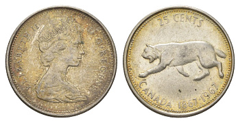 Канада 25 центов 1967 пума, 100 лет Конфедерации Канада, Ссеребро 0.800, вес 5,83 гр, диаметр 23,88 мм KM 67 серебро 4622-922