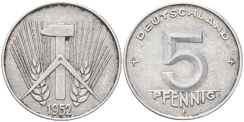ГДР 5 пфеннигов 1952 E KM 6 алюминий 4613-941
