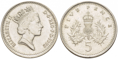 Великобритания 5 пенсов 1992 Елизавета II (1952-2022) KM 937b, Spink 4372 (D4) медно-никель 3955-544