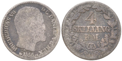 Дания 4 скиллинг-ригсмёнта 1856 VS, Фредерик VII (1848-1863) KM 758 серебро 4621-963