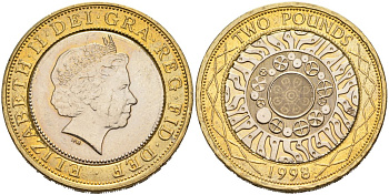 Великобритания 2 фунта 1998 Елизавета II (1952-2022) KM 994, Spink 4570 (K9) (K9) биметалл 4565-315