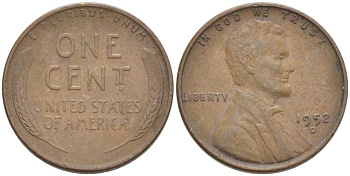 США 1 ЦЕНТ 1952 D, ЛИНКОЛЬН KM А132 медь цинк 3309-861