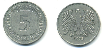 ФРГ 5 марок 1975 J, монетный двор Гамбург КМ 140.1, J. 415 медно-никель плакированный никелем 4379-115