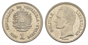 Венесуэла 1 боливар 1989 Симон Боливар, тонкий шрифт Y 52a.1 сталь плакированная никелем 4589-956