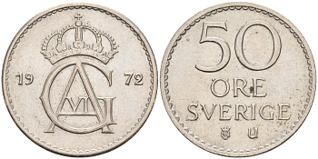Швеция 50 эре 1972 U, Густав VI Адольф (1950-1973) KM 837 медно-никель 4538-631