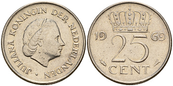 Нидерланды 25 центов 1969 Юлиана (1949-1980) VIS KM 183 никель    4598-431
