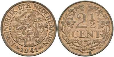 Нидерланды 2 1/2 цента 1941 Вильгельмина (1890-1948) KM 150 бронза 4579-233