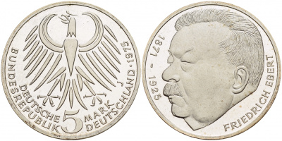 ФРГ 5 марок 1975 J, 50 лет со дня смерти Фридриха Эберта J. 416, KM 141 серебро PROOF 1087-3-15