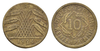 Германия 10 рентенпфеннигов 1924 A KM 33, J. 309 алюминиевая бронза 4651-715