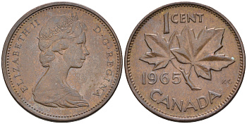 Канада 1 цент 1965 Елизавета II (1952-2022), кленовый лист KM 59.1 бронза   4147-247