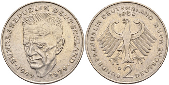 ФРГ 2 марки 1989 D, Курт Шумахер, 30 лет Федеративной Республике (1949-1979) KM 149, J. 424 медно-никель 4139-133