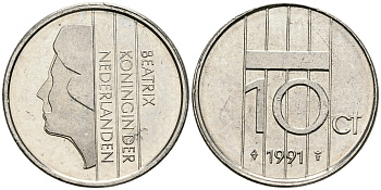 НИДЕРЛАНДЫ 10 ЦЕНТОВ 1991 БЕАТРИКС KM 203 никель 96-554