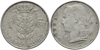 Бельгия 1 франк 1963 Belgique, Бодуэн I (1951-1993) KM 142.1 медно-никель 4395-454