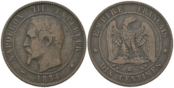 Франция 10 сантимов 1854 BB, Наполеон III (1852-1870) KM 775 бронза 221-514