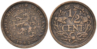 Нидерланды 1/2 цента 1922 Вильгельмина (1890-1948) KM 138 бронза 4576-433