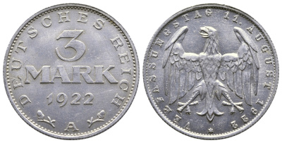 Германия 3 марки 1922 А, третья годовщина Веймарской Конституции KM 29, J. 303 алюминий 4380-743