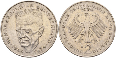 ФРГ 2 марки 1989 D, Курт Шумахер, 30 лет Федеративной Республике (1949-1979) KM 149, J. 424 медно-никель 4139-133