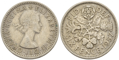Великобритания 6 пенсов 1957 Елизавета II (1952-2022) KM 903, Spink 4149 медно-никель 4528-917